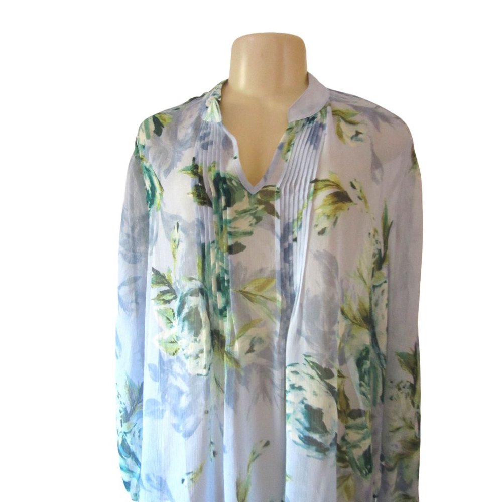 Susan Graver Blue & Green floral Sheer Tunic Style Blouse in Size 1X - Picture 2 of 5